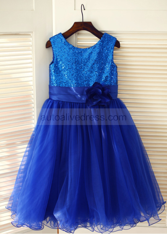 Royal Blue Sequin Tulle Curly Hem Knee Length Flower Girl Dress